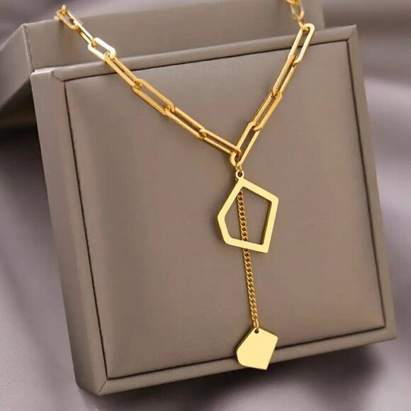 NWT Geometric Pendant Lariat Y Necklace 14K Gold Plated Minimalist Choker 16” - Picture 2 of 7